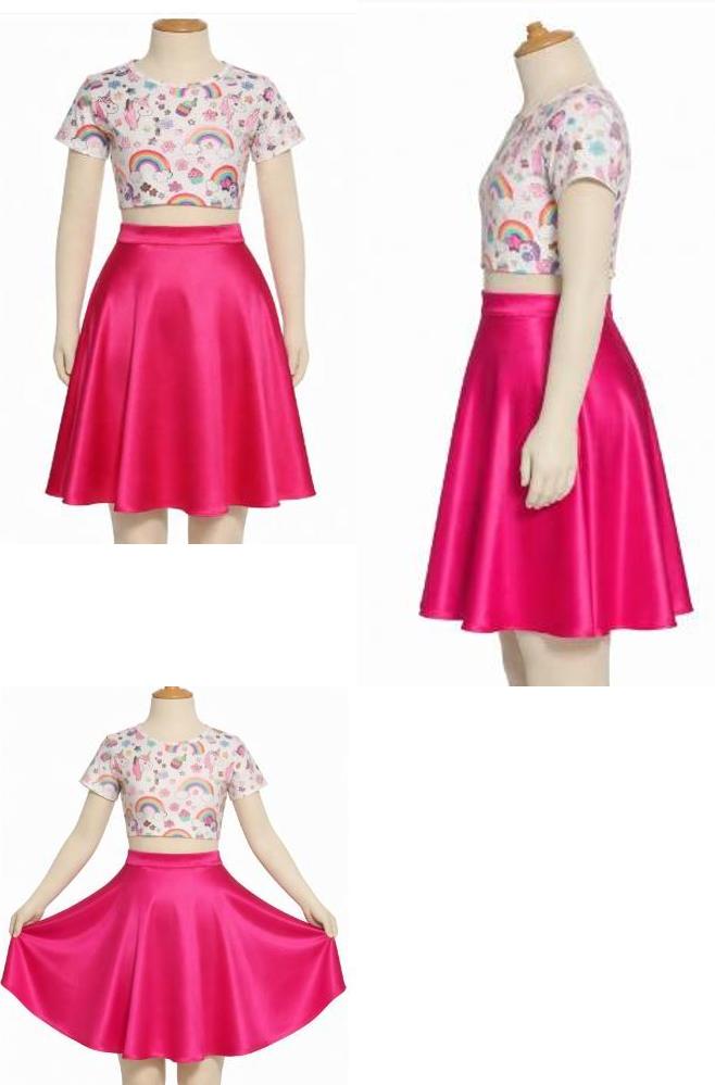 Falda Corta Infantil hasta la rodilla tipo Plato Tela Raso Brillante varios colores