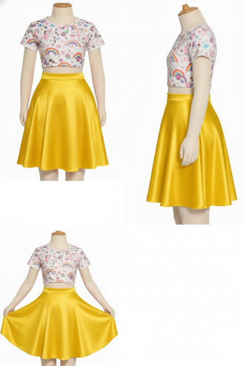 Falda Corta Infantil hasta la rodilla tipo Plato Tela Raso Brillante varios colores