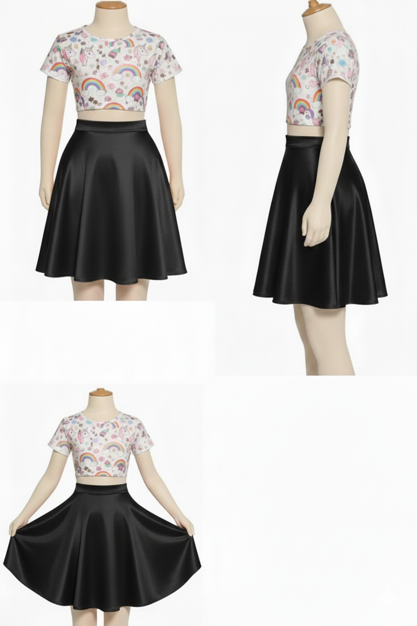 Falda Corta Infantil hasta la rodilla tipo Plato Tela Raso Brillante varios colores