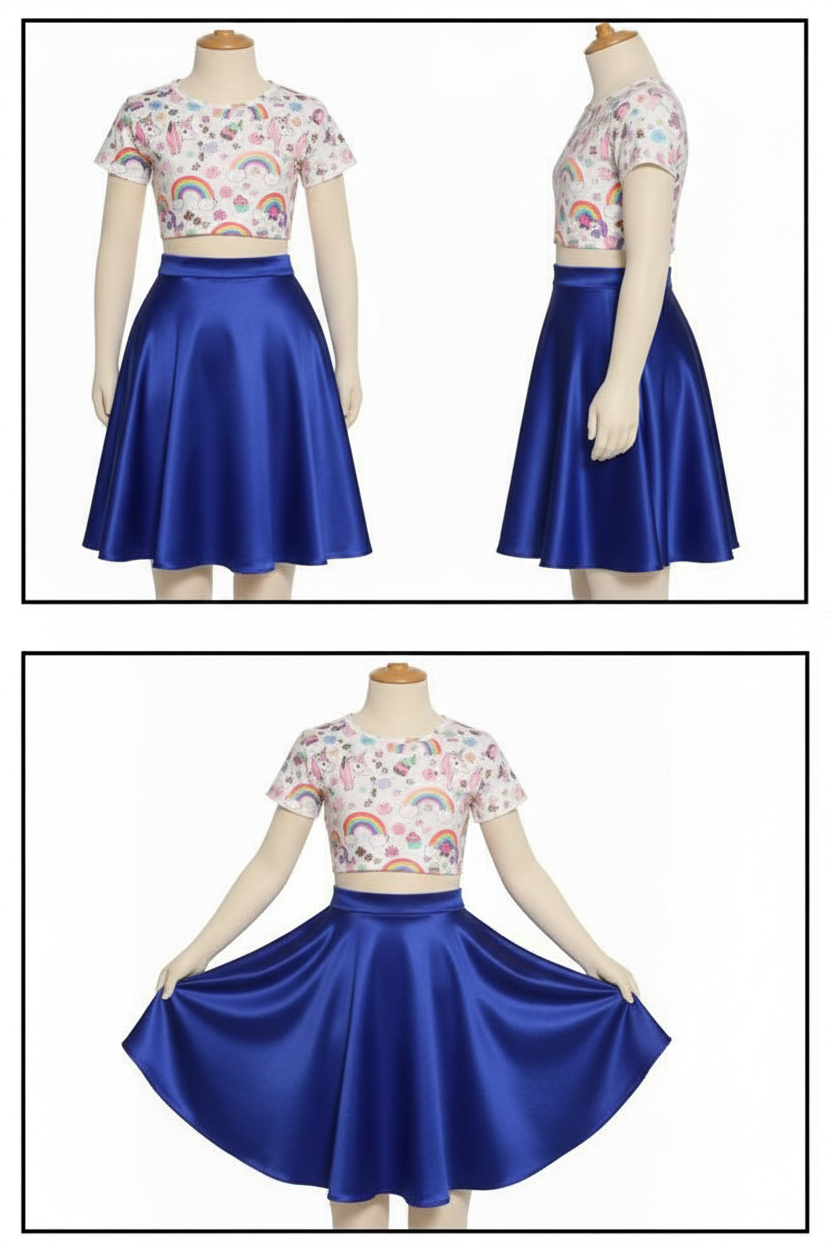 Falda Corta Infantil hasta la rodilla tipo Plato Tela Raso Brillante varios colores